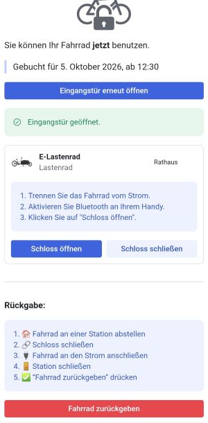 Beschreibt wie die Buchung nach aktivierten Link in der App aussieht. Schloss öffnen und Schließen. Anweisung für den Nutzer -Schritt für Schritt-