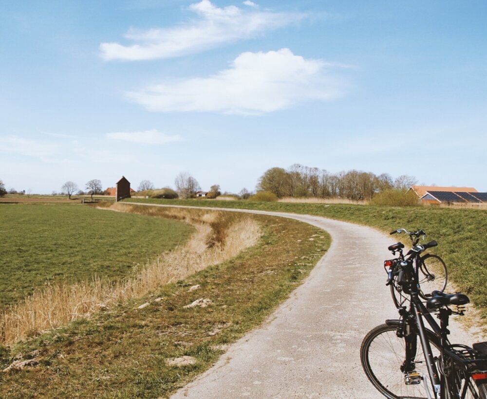 Am Deich läuft in Mitten der grünen Wiesen ein Radweg entlang, zwei Fahrräder stehen direkt auf dem Radweg. Im Hintergrund steht ein kleines Häuschen.