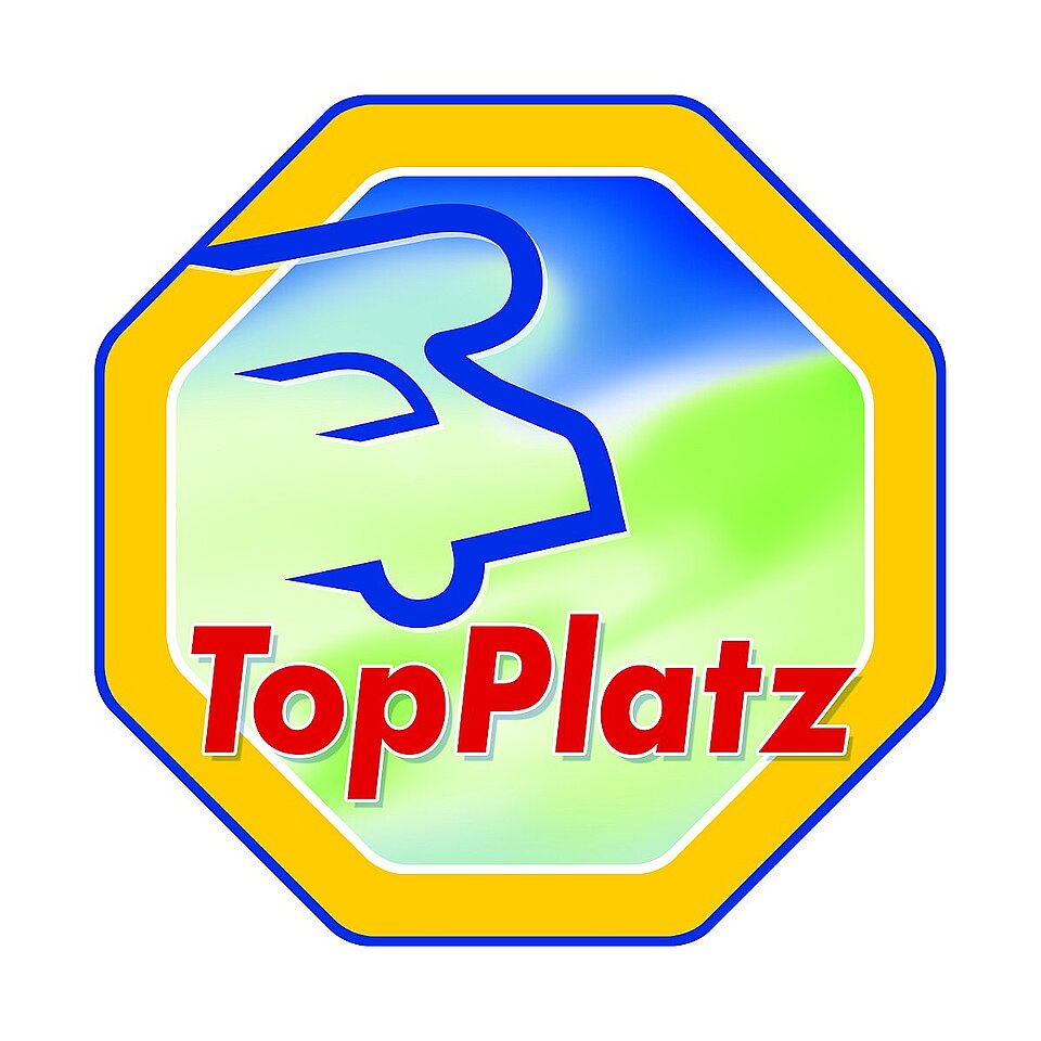 Achteckiges TopPlatz Logo in den Farben blau, grün, gelb und rot mit einem Reisemobil drauf