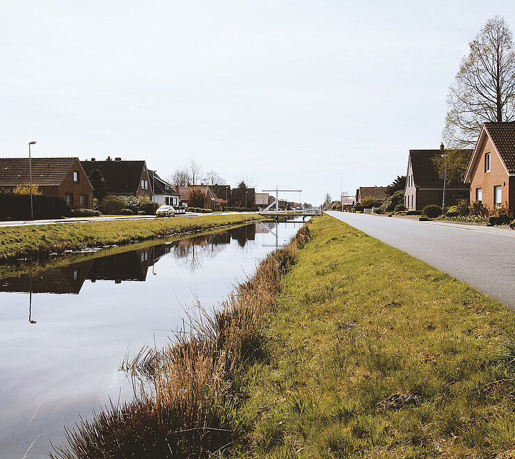 Mittig der Kanal, rechts davon eine Straße
